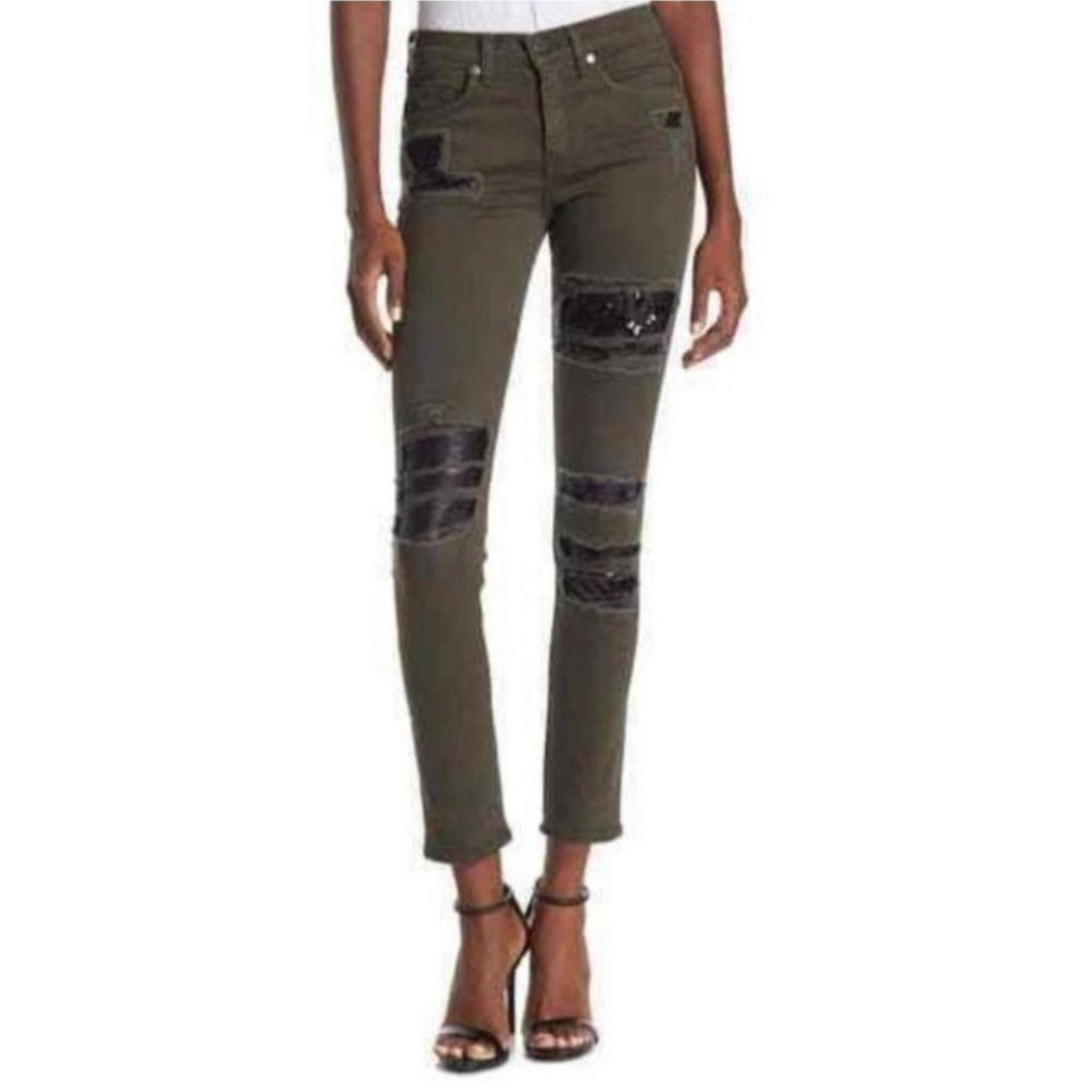 BNWT Ramy Brook Naomi Army Green & Black Sequined Distressed Jeans - Size 25